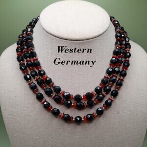 Vintage Western Germany Black Red Bead Necklace, 1950s, 15 Inch
